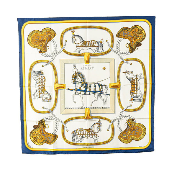 エルメス カレ90 GRAND APPARAT 盛装の馬 スカーフ ブルー ホワイト イエロー シルク レディース HERMES 【中古】