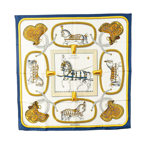 エルメス カレ90 GRAND APPARAT 盛装の馬 スカーフ ブルー ホワイト イエロー シルク レディース HERMES 【中古】