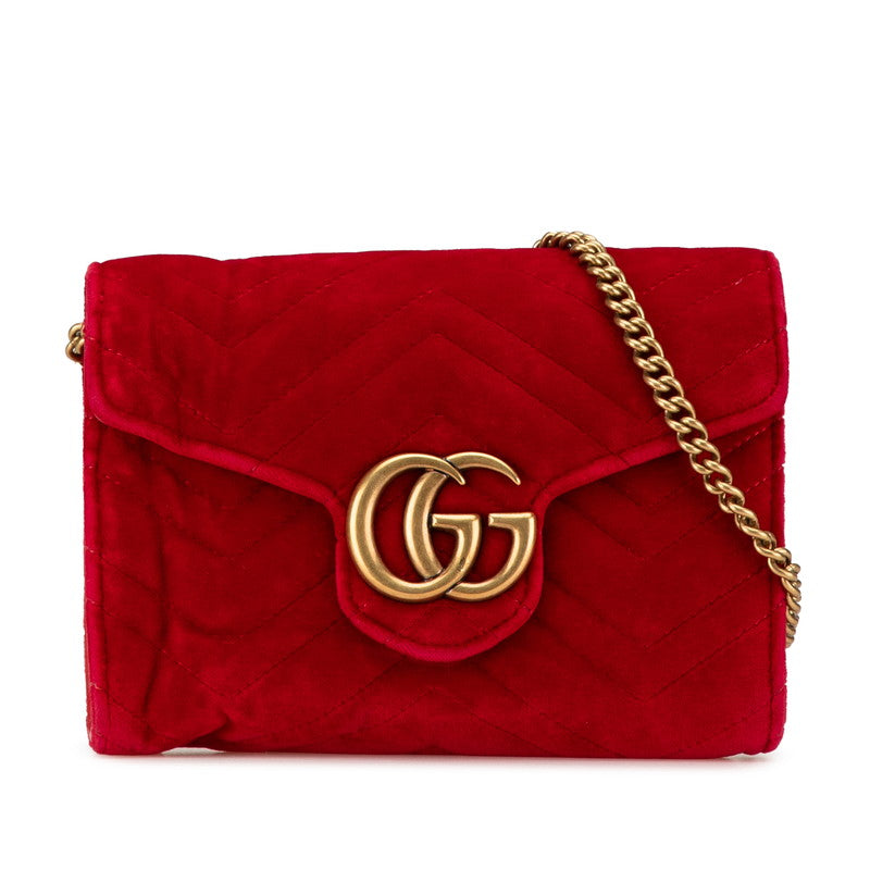 グッチ GGマーモント 斜め掛け チェーン ショルダーバッグ 474547 レッド ベロア レディース GUCCI 【中古】