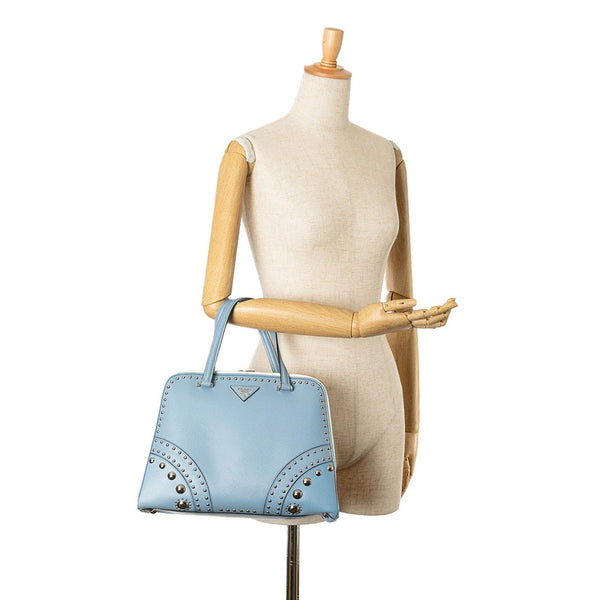 プラダ 三角ロゴプレート ビジュー ハンドバッグ ライトブルー ホワイト レザー レディース PRADA 【中古】
