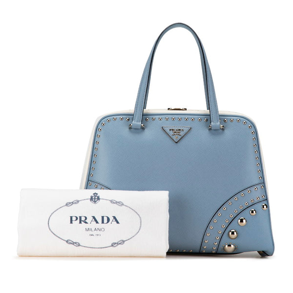 プラダ 三角ロゴプレート ビジュー ハンドバッグ ライトブルー ホワイト レザー レディース PRADA 【中古】