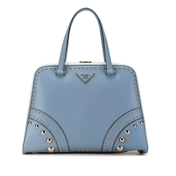 プラダ 三角ロゴプレート ビジュー ハンドバッグ ライトブルー ホワイト レザー レディース PRADA 【中古】