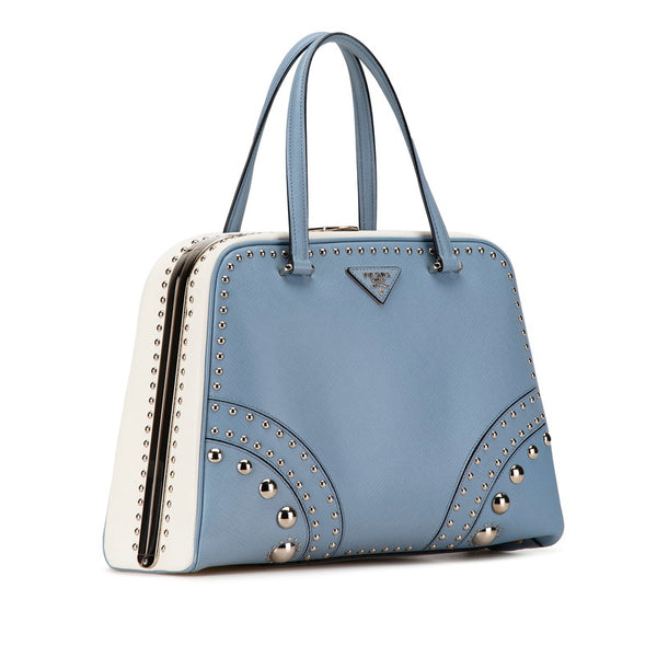 プラダ 三角ロゴプレート ビジュー ハンドバッグ ライトブルー ホワイト レザー レディース PRADA 【中古】