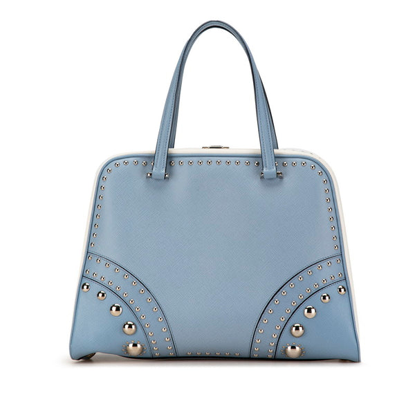 プラダ 三角ロゴプレート ビジュー ハンドバッグ ライトブルー ホワイト レザー レディース PRADA 【中古】