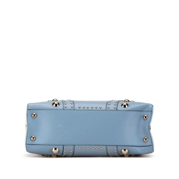 プラダ 三角ロゴプレート ビジュー ハンドバッグ ライトブルー ホワイト レザー レディース PRADA 【中古】