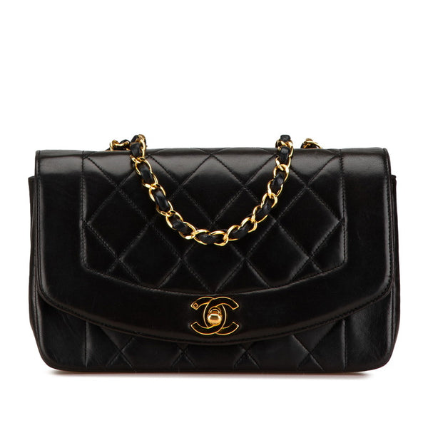 シャネル マトラッセ ダイアナ チェーン 斜め掛け ショルダーバッグ ブラック ゴールド ラムスキン レディース CHANEL 【中古】