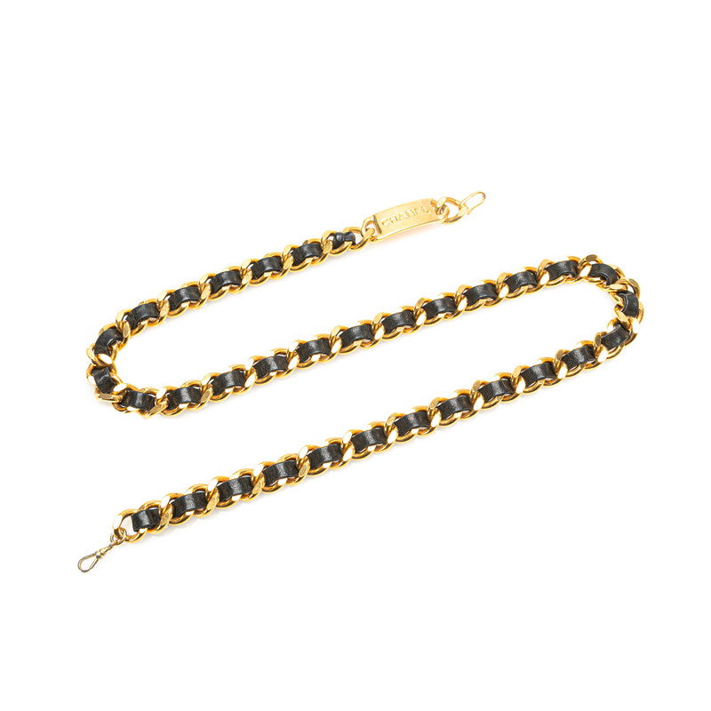 シャネル ロゴプレート チェーン ベルト ゴールド ブラック メッキ レザー レディース CHANEL 【中古】