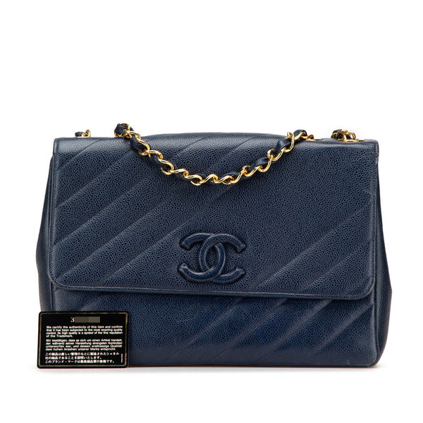シャネル ココマーク バイアスステッチ チェーン ショルダーバッグ ネイビー ゴールド金具 キャビアスキン レディース CHANEL 【中古】