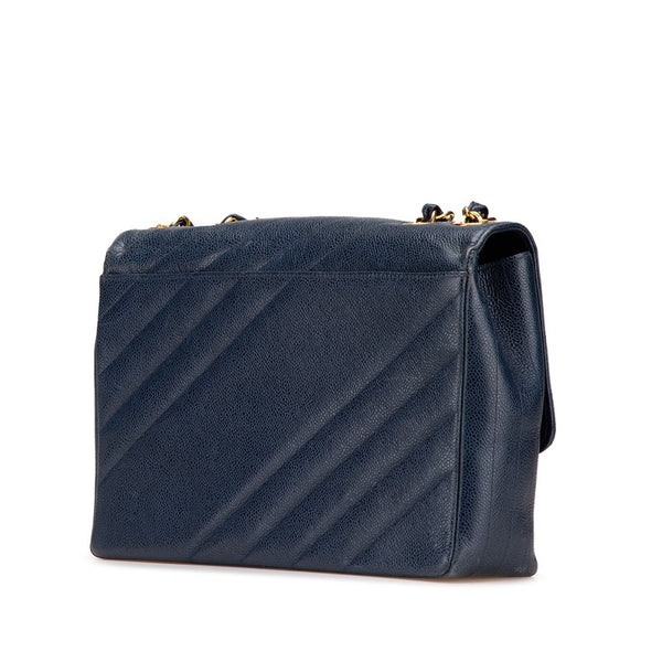 シャネル ココマーク バイアスステッチ チェーン ショルダーバッグ ネイビー ゴールド金具 キャビアスキン レディース CHANEL 【中古】