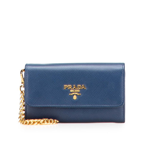 プラダ チェーンストラップ付 ミニ財布 1MC015 ブルー サフィアーノ レザー レディース PRADA 【中古】