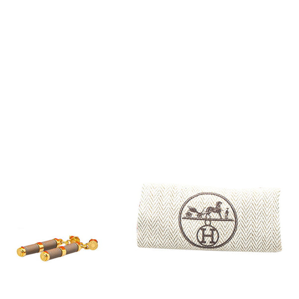 エルメス シャルニエールPM ピアス エトゥープ グレー ゴールド レザー メッキ レディース HERMES 【中古】