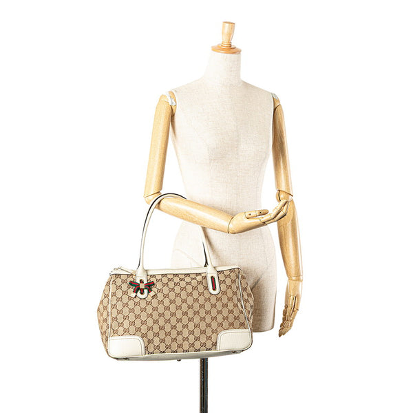 グッチ GGキャンバス プリンシー シェリーライン リボン ハンドバッグ トートバッグ 177052 ホワイト ブラウン キャンバス レザー レディース GUCCI 【中古】