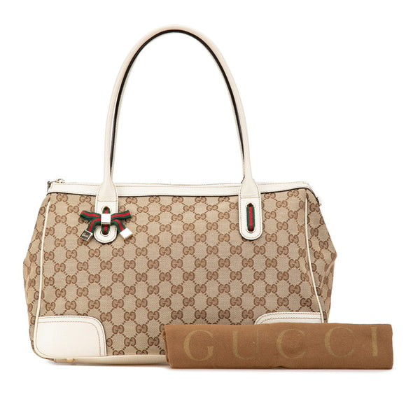 グッチ GGキャンバス プリンシー シェリーライン リボン ハンドバッグ トートバッグ 177052 ホワイト ブラウン キャンバス レザー レディース GUCCI 【中古】