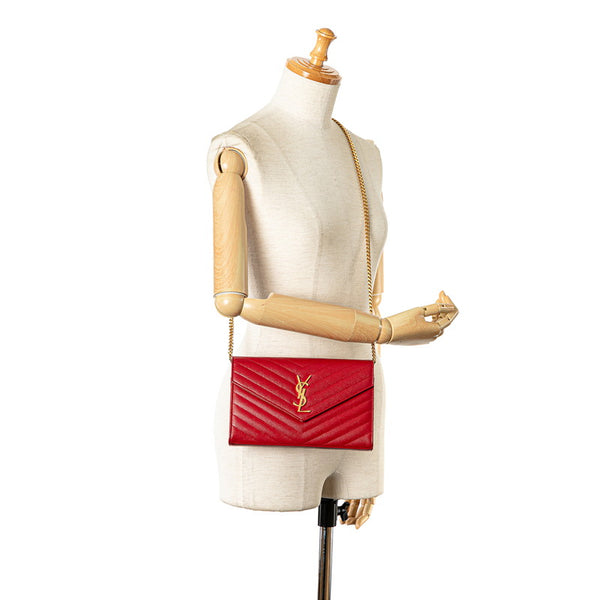 サンローラン YSLロゴ キルティング チェーン ショルダーバッグ 377828 レッド カーフ レディース SAINT LAURENT 【中古】