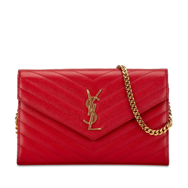 サンローラン YSLロゴ キルティング チェーン ショルダーバッグ 377828 レッド カーフ レディース SAINT LAURENT 【中古】