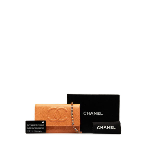 シャネル ココマーク シルバー金具 チェーンウォレット ショルダーバッグ オレンジ キャビアスキン レディース CHANEL 【中古】