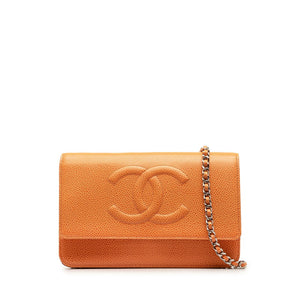 シャネル ココマーク シルバー金具 チェーンウォレット ショルダーバッグ オレンジ キャビアスキン レディース CHANEL 【中古】