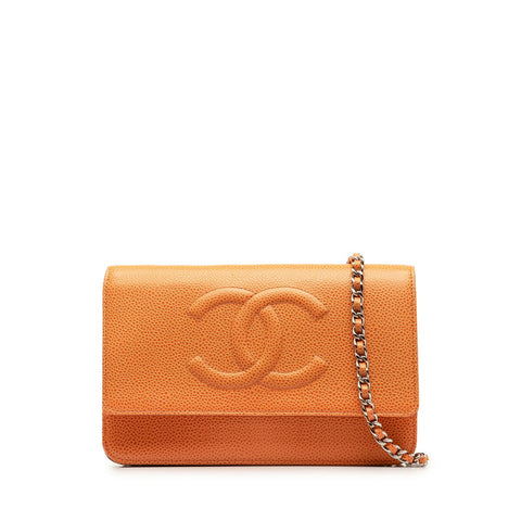 シャネル ココマーク シルバー金具 チェーンウォレット ショルダーバッグ オレンジ キャビアスキン レディース CHANEL 【中古】