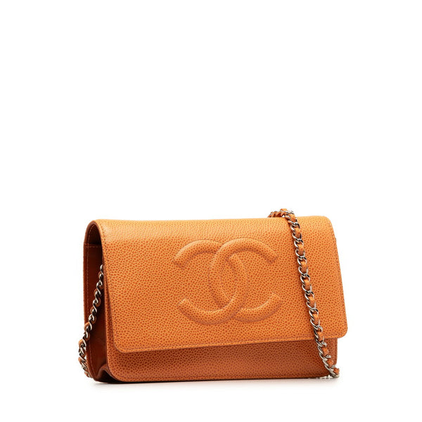 シャネル ココマーク シルバー金具 チェーンウォレット ショルダーバッグ オレンジ キャビアスキン レディース CHANEL 【中古】