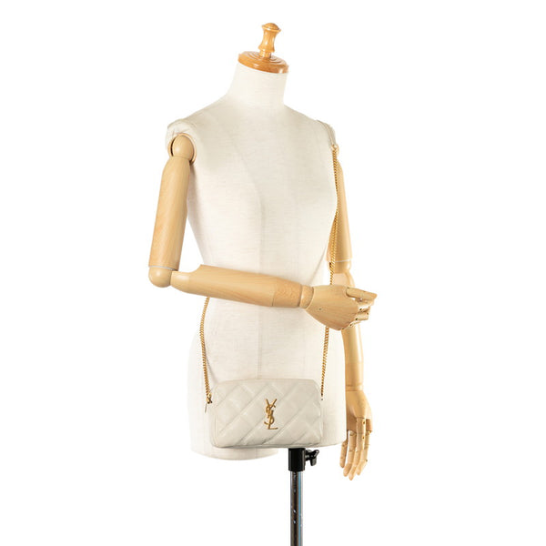 サンローラン ベッキー YSLロゴ ダブルジップ 斜め掛け チェーン ショルダーバッグ GUE608941 ベージュ レザー レディース SAINT LAURENT 【中古】