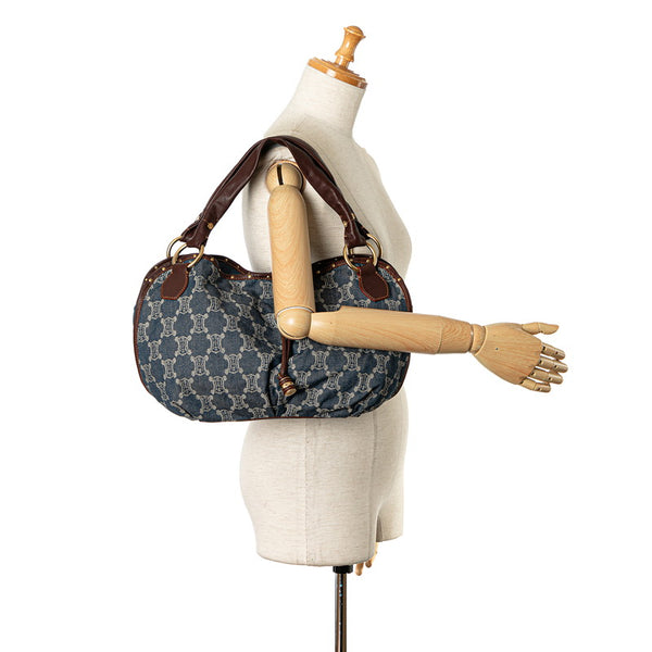 セリーヌ パリマカダム トートバッグ インディゴブルー ブラウン デニム レザー レディース CELINE 【中古】