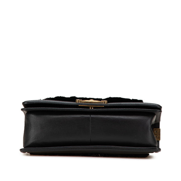 シャネル ココマーク ボーイシャネル25 斜め掛け チェーン ショルダーバッグ ブラック ラムスキン ファー レディース CHANEL 【中古】