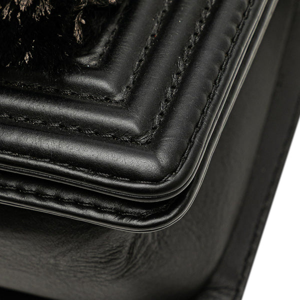 シャネル ココマーク ボーイシャネル25 斜め掛け チェーン ショルダーバッグ ブラック ラムスキン ファー レディース CHANEL 【中古】