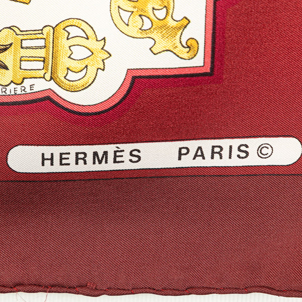 エルメス カレ90 Les Eperons スカーフ ワインレッド ゴールド シルク レディース HERMES 【中古】