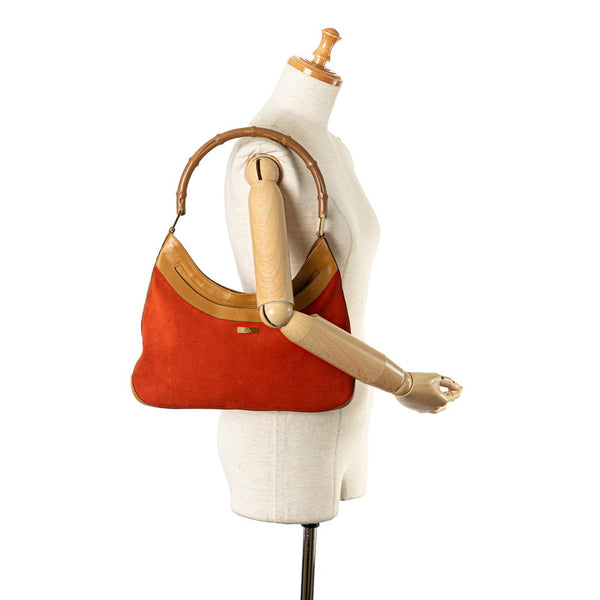 グッチ バンブー ワンショルダーバッグ ハンドバッグ 001 4062 オレンジ ブラウン スウェード レザー レディース GUCCI 【中古】