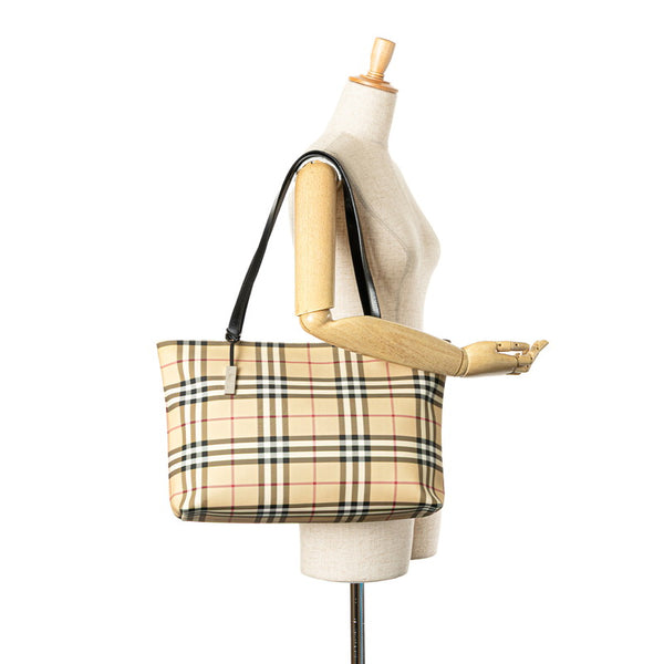 バーバリー ノバチェック ハンドバッグ トートバッグ ベージュ ブラック PVC レザー レディース BURBERRY 【中古】