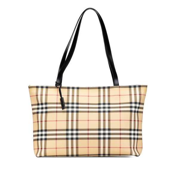 バーバリー ノバチェック ハンドバッグ トートバッグ ベージュ ブラック PVC レザー レディース BURBERRY 【中古】