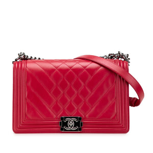 シャネル ボーイシャネル ココマーク チェーン ショルダーバッグ ハンドバッグ レッド ラムスキン レディース CHANEL 【中古】