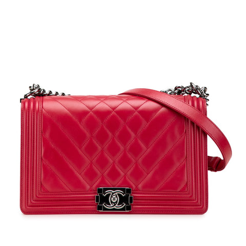 シャネル ボーイシャネル ココマーク チェーン ショルダーバッグ ハンドバッグ レッド ラムスキン レディース CHANEL 【中古】