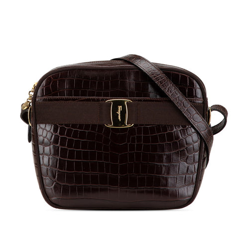 サルヴァトーレフェラガモ ヴァラ クロコ型押し 斜め掛け ショルダーバッグ ブラウン レザー レディース Salvatore Ferragamo 【中古】