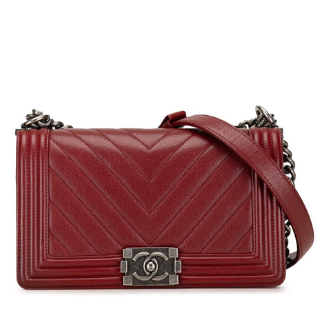 シャネル ボーイシャネル25 Ｖステッチ チェーンショルダーバッグ ワインレッド キャビアスキン レディース CHANEL 【中古】
