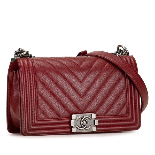 シャネル ボーイシャネル25 Ｖステッチ チェーンショルダーバッグ ワインレッド キャビアスキン レディース CHANEL 【中古】