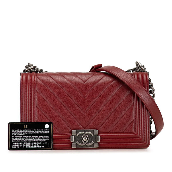 シャネル ボーイシャネル25 Ｖステッチ チェーンショルダーバッグ ワインレッド キャビアスキン レディース CHANEL 【中古】