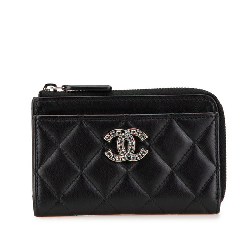 シャネル マトラッセ ココマーク カードケース コインケース ブラック ラムスキン ラインストーン レディース CHANEL 【中古】