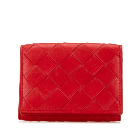 ボッテガヴェネタ イントレチャート 三つ折り財布 レッド レザー レディース BOTTEGAVENETA 【中古】