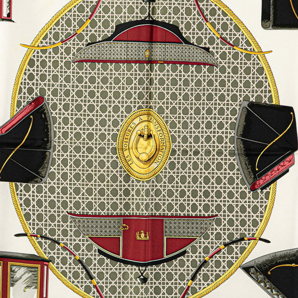 エルメス カレ90 LES VOITURES A TRANSFORMATION 折りたたみ式幌の馬車 スカーフ ホワイト ボルドー マルチカラー シルク レディース HERMES 【中古】