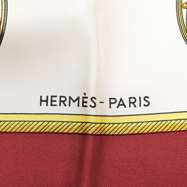 エルメス カレ90 LES VOITURES A TRANSFORMATION 折りたたみ式幌の馬車 スカーフ ホワイト ボルドー マルチカラー シルク レディース HERMES 【中古】
