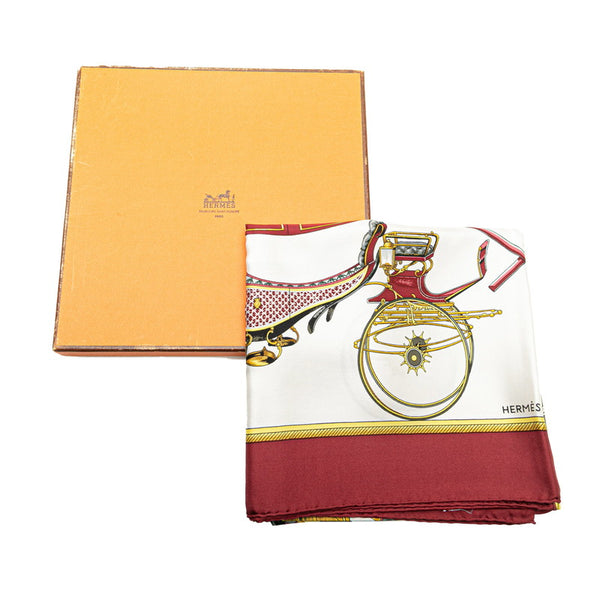 エルメス カレ90 LES VOITURES A TRANSFORMATION 折りたたみ式幌の馬車 スカーフ ホワイト ボルドー マルチカラー シルク レディース HERMES 【中古】