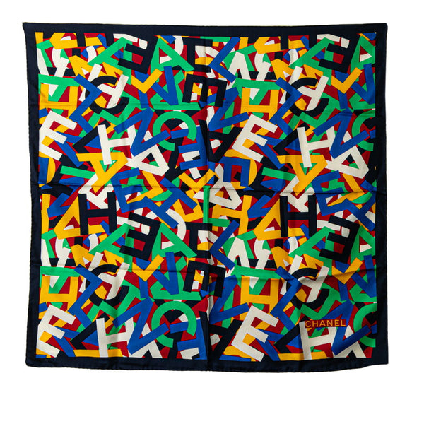 シャネル ココマーク ロゴピカソ スカーフ ネイビー マルチカラー シルク レディース CHANEL 【中古】