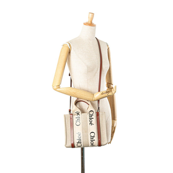 クロエ ウッディ スモール ハンドバッグ ショルダーバッグ 2WAY ベージュ ブラウン キャンバス レザー レディース Chloe 【中古】