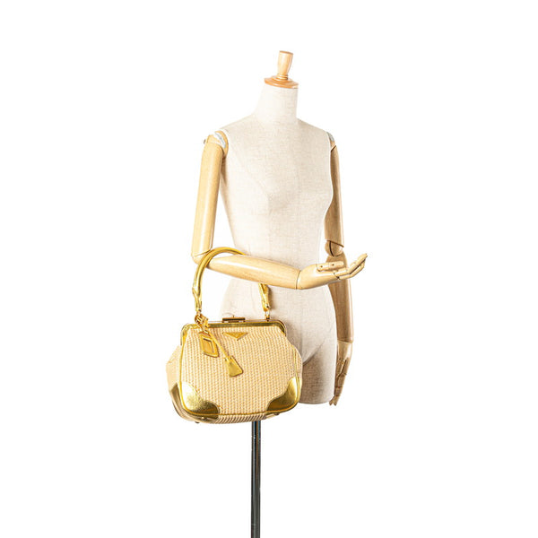 プラダ 三角ロゴプレート ハンドバッグ ベージュ ゴールド ストロー レザー レディース PRADA 【中古】