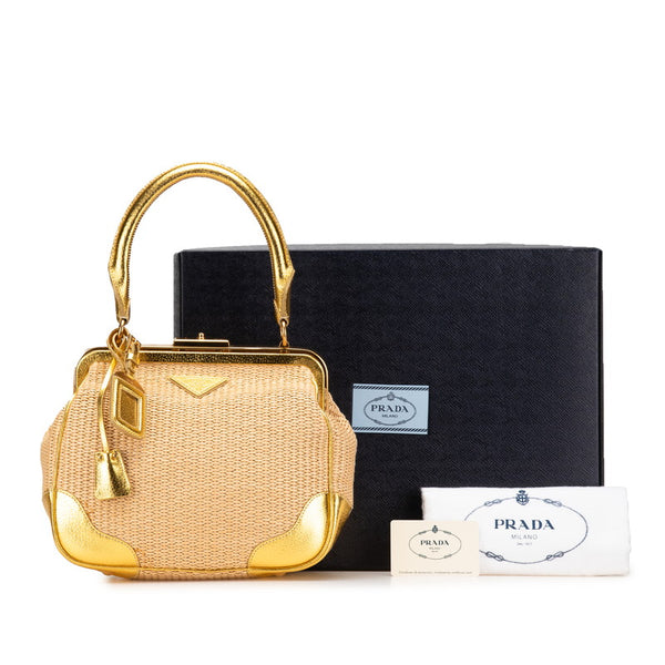 プラダ 三角ロゴプレート ハンドバッグ ベージュ ゴールド ストロー レザー レディース PRADA 【中古】