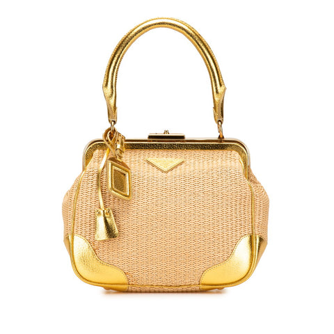 プラダ 三角ロゴプレート ハンドバッグ ベージュ ゴールド ストロー レザー レディース PRADA 【中古】