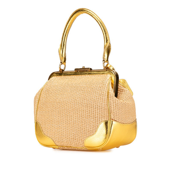 プラダ 三角ロゴプレート ハンドバッグ ベージュ ゴールド ストロー レザー レディース PRADA 【中古】