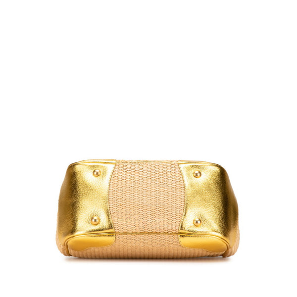 プラダ 三角ロゴプレート ハンドバッグ ベージュ ゴールド ストロー レザー レディース PRADA 【中古】