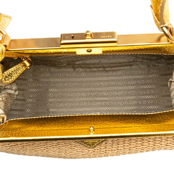 プラダ 三角ロゴプレート ハンドバッグ ベージュ ゴールド ストロー レザー レディース PRADA 【中古】
